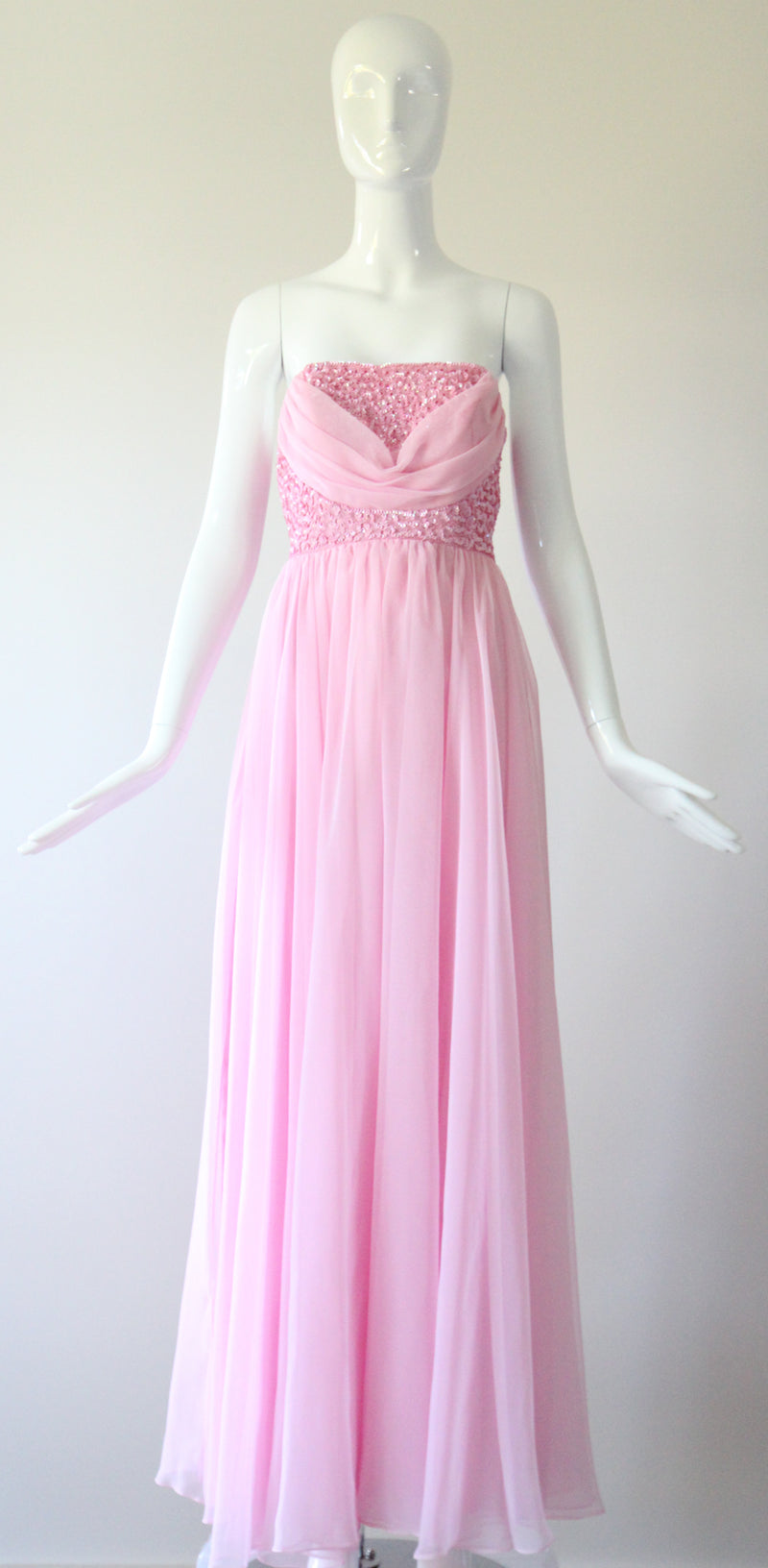 "Pink Sequins & Chiffon" Vintage 1960's Sequin & Chiffon Strapless Evening Gown UK 8 US 4