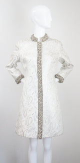 "Silver Paisley & Pearls" Vintage 1960's Beaded Silver Paisley Brocade Dress & Coat Ensemble UK 8 US 4