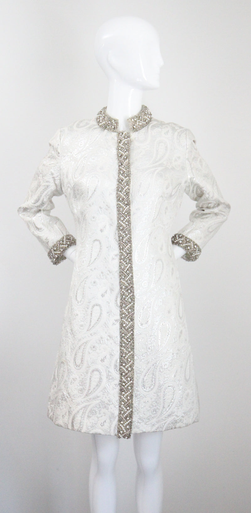 "Silver Paisley & Pearls" Vintage 1960's Beaded Silver Paisley Brocade Dress & Coat Ensemble UK 8 US 4
