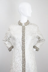 "Silver Paisley & Pearls" Vintage 1960's Beaded Silver Paisley Brocade Dress & Coat Ensemble UK 8 US 4