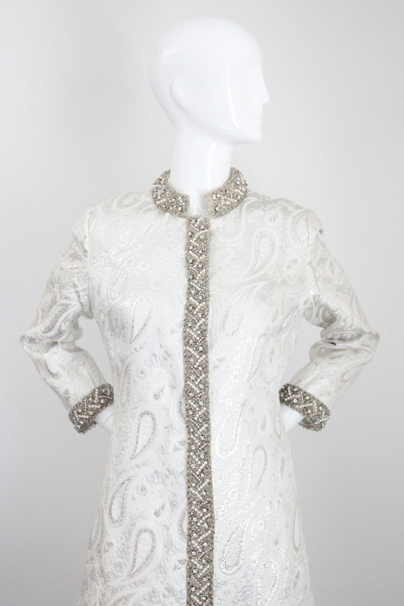 "Silver Paisley & Pearls" Vintage 1960's Beaded Silver Paisley Brocade Dress & Coat Ensemble UK 8 US 4