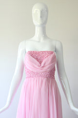 "Pink Sequins & Chiffon" Vintage 1960's Sequin & Chiffon Strapless Evening Gown UK 8 US 4
