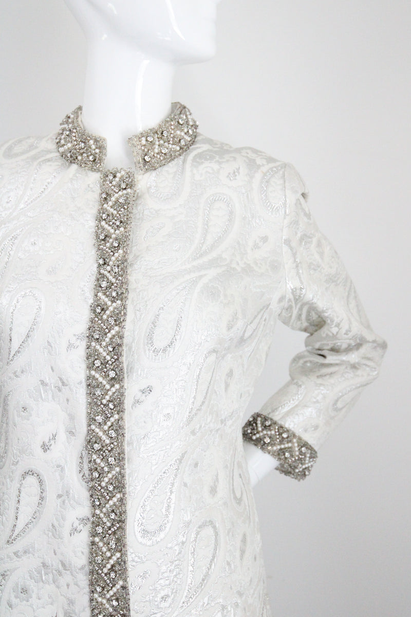 "Silver Paisley & Pearls" Vintage 1960's Beaded Silver Paisley Brocade Dress & Coat Ensemble UK 8 US 4