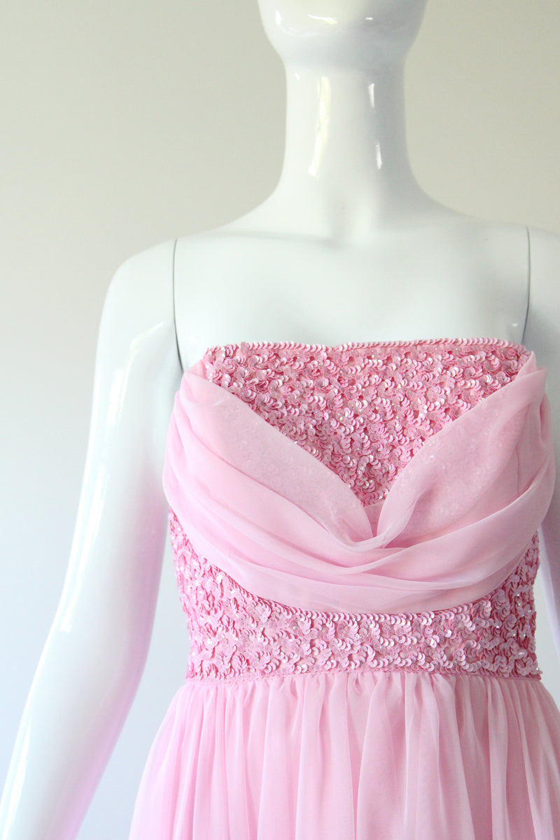 "Pink Sequins & Chiffon" Vintage 1960's Sequin & Chiffon Strapless Evening Gown UK 8 US 4