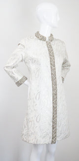 "Silver Paisley & Pearls" Vintage 1960's Beaded Silver Paisley Brocade Dress & Coat Ensemble UK 8 US 4