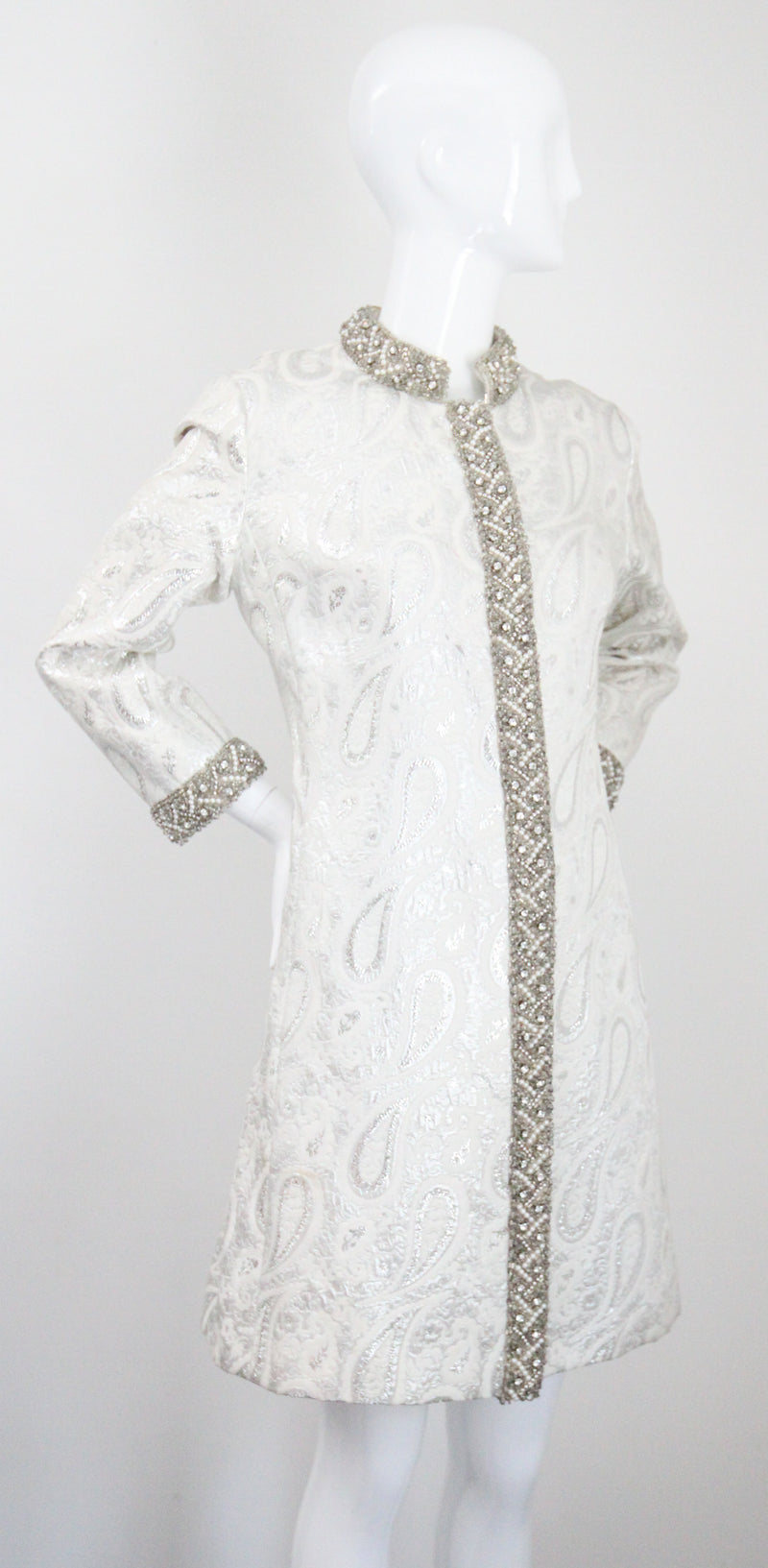 "Silver Paisley & Pearls" Vintage 1960's Beaded Silver Paisley Brocade Dress & Coat Ensemble UK 8 US 4