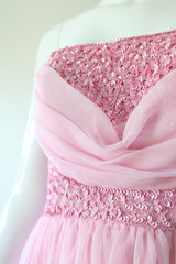 "Pink Sequins & Chiffon" Vintage 1960's Sequin & Chiffon Strapless Evening Gown UK 8 US 4