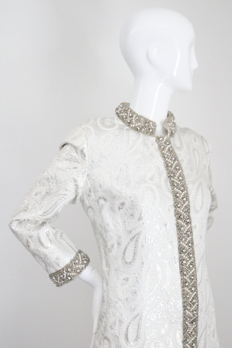 "Silver Paisley & Pearls" Vintage 1960's Beaded Silver Paisley Brocade Dress & Coat Ensemble UK 8 US 4