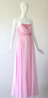 "Pink Sequins & Chiffon" Vintage 1960's Sequin & Chiffon Strapless Evening Gown UK 8 US 4