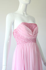 "Pink Sequins & Chiffon" Vintage 1960's Sequin & Chiffon Strapless Evening Gown UK 8 US 4