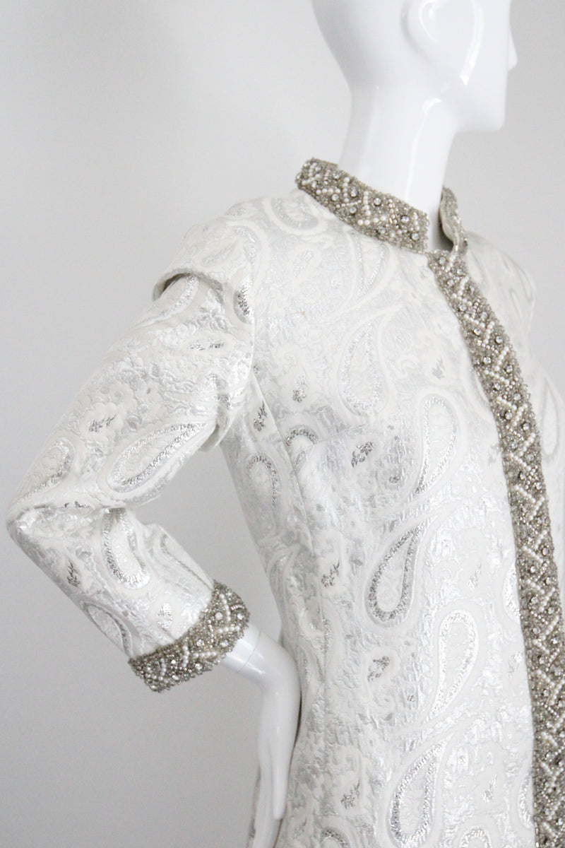"Silver Paisley & Pearls" Vintage 1960's Beaded Silver Paisley Brocade Dress & Coat Ensemble UK 8 US 4