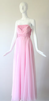 "Pink Sequins & Chiffon" Vintage 1960's Sequin & Chiffon Strapless Evening Gown UK 8 US 4