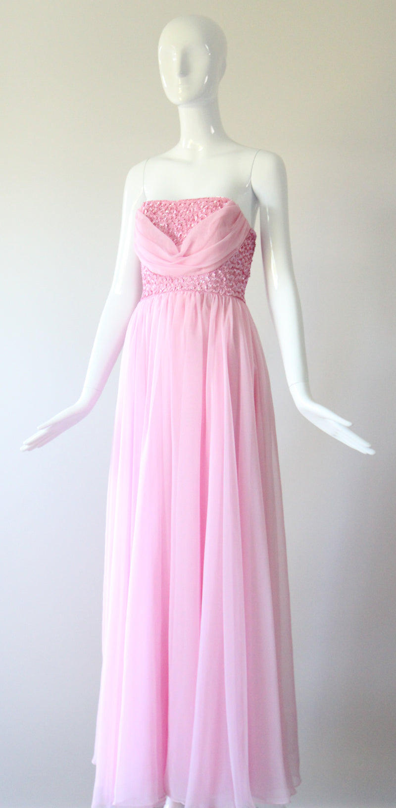 "Pink Sequins & Chiffon" Vintage 1960's Sequin & Chiffon Strapless Evening Gown UK 8 US 4