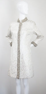 "Silver Paisley & Pearls" Vintage 1960's Beaded Silver Paisley Brocade Dress & Coat Ensemble UK 8 US 4