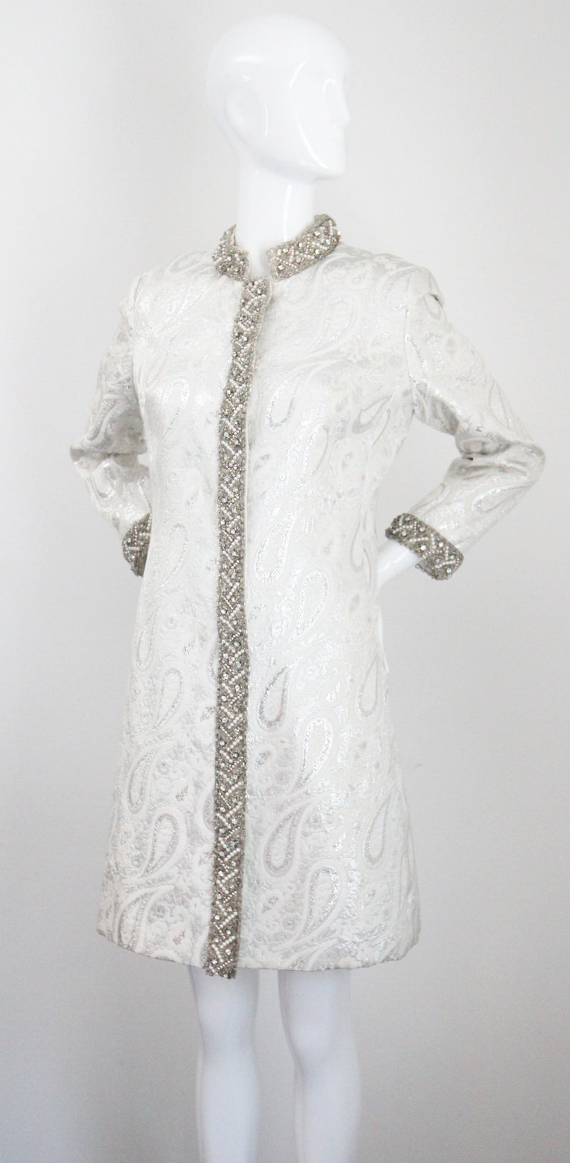 "Silver Paisley & Pearls" Vintage 1960's Beaded Silver Paisley Brocade Dress & Coat Ensemble UK 8 US 4