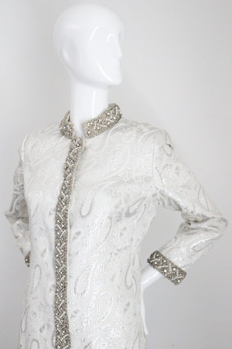 "Silver Paisley & Pearls" Vintage 1960's Beaded Silver Paisley Brocade Dress & Coat Ensemble UK 8 US 4