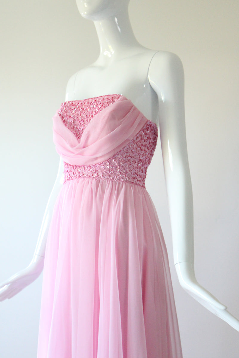"Pink Sequins & Chiffon" Vintage 1960's Sequin & Chiffon Strapless Evening Gown UK 8 US 4