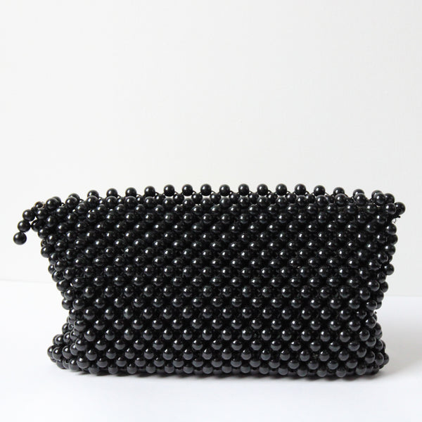 "Black Satin Beads" Vintage 1940's Black Beaded Clutch Bag