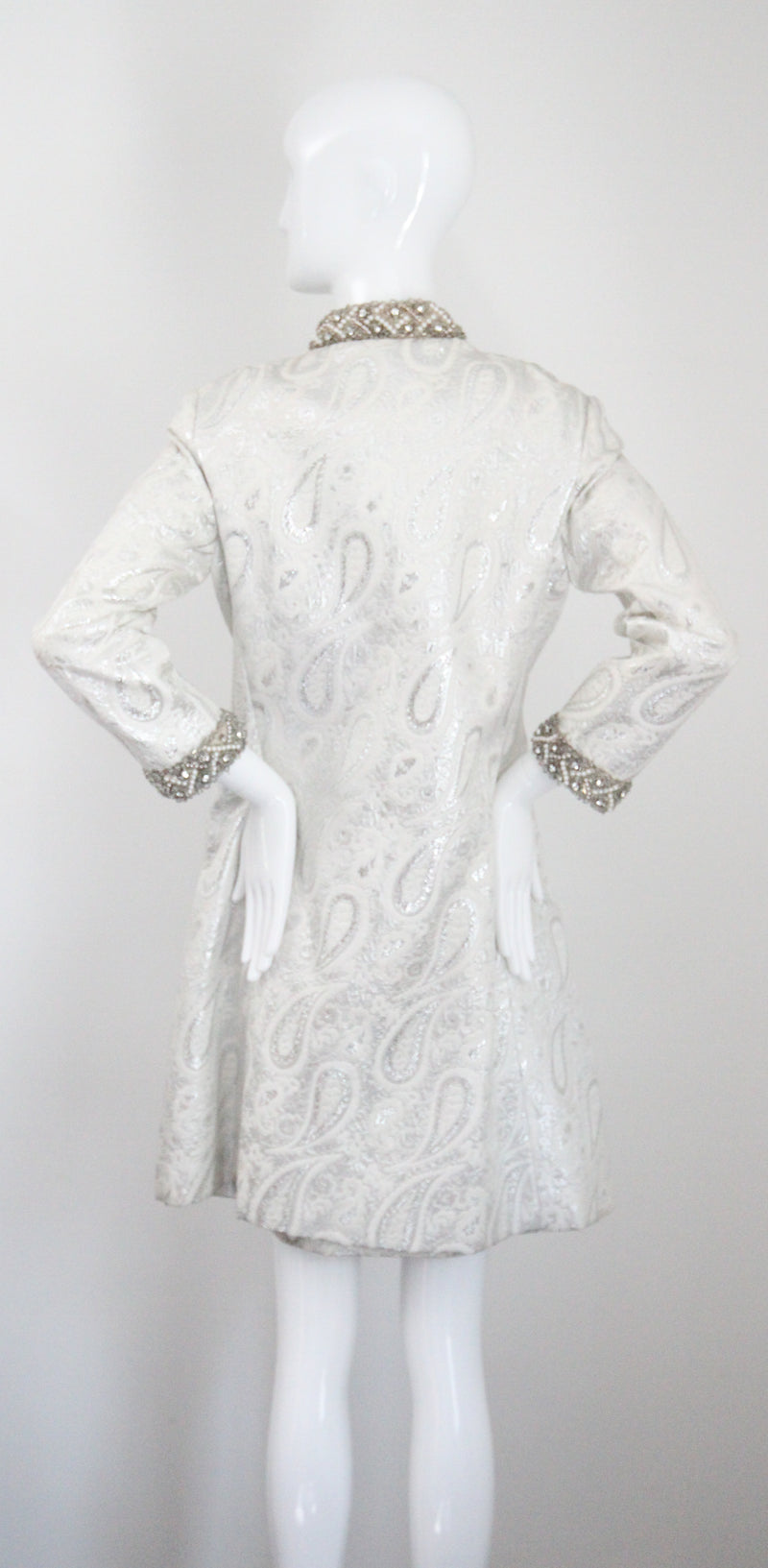 "Silver Paisley & Pearls" Vintage 1960's Beaded Silver Paisley Brocade Dress & Coat Ensemble UK 8 US 4