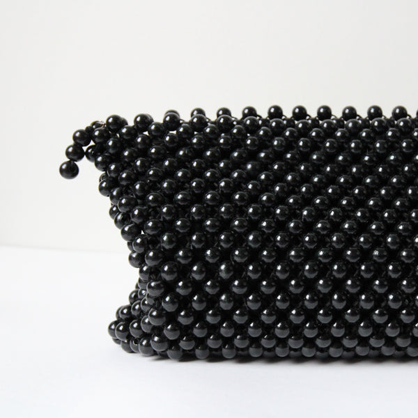 "Black Satin Beads" Vintage 1940's Black Beaded Clutch Bag