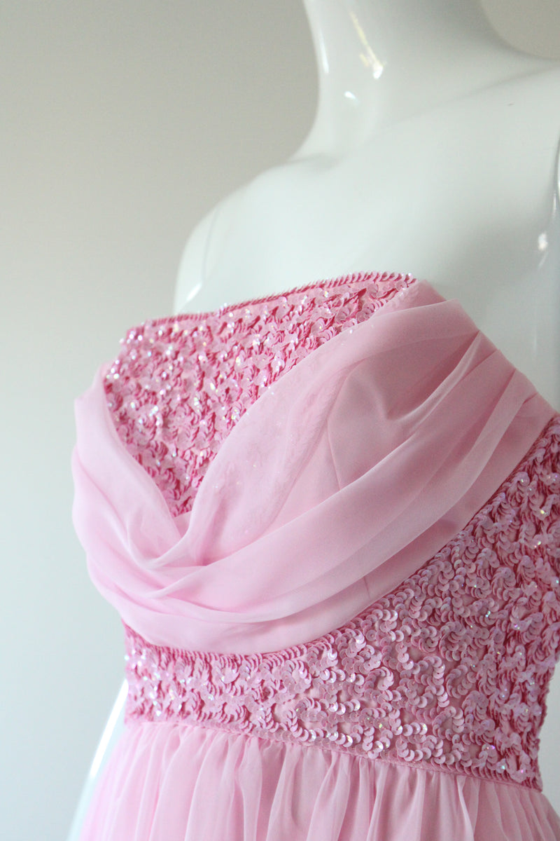 "Pink Sequins & Chiffon" Vintage 1960's Sequin & Chiffon Strapless Evening Gown UK 8 US 4