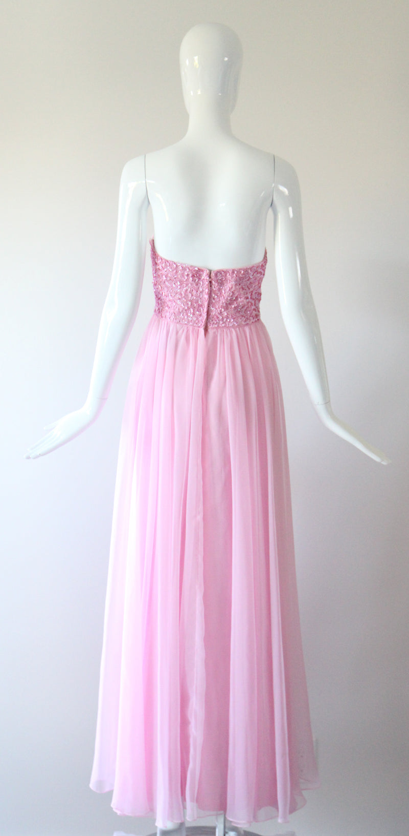 "Pink Sequins & Chiffon" Vintage 1960's Sequin & Chiffon Strapless Evening Gown UK 8 US 4
