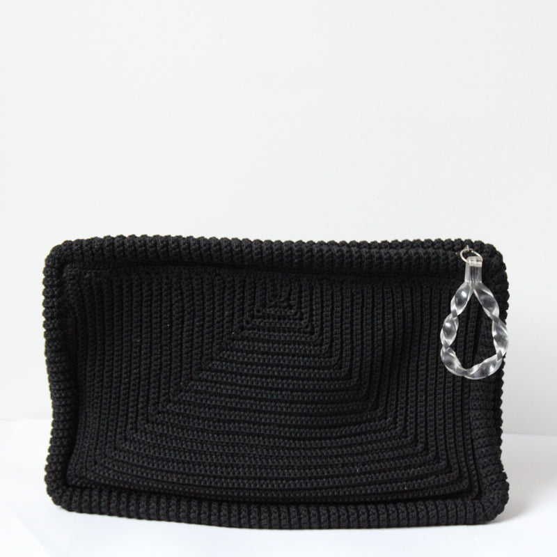 "Black Crochet & Twisted Lucite" Vintage 1940's Large Black Crochet & Lucite Accent Clutch Bag