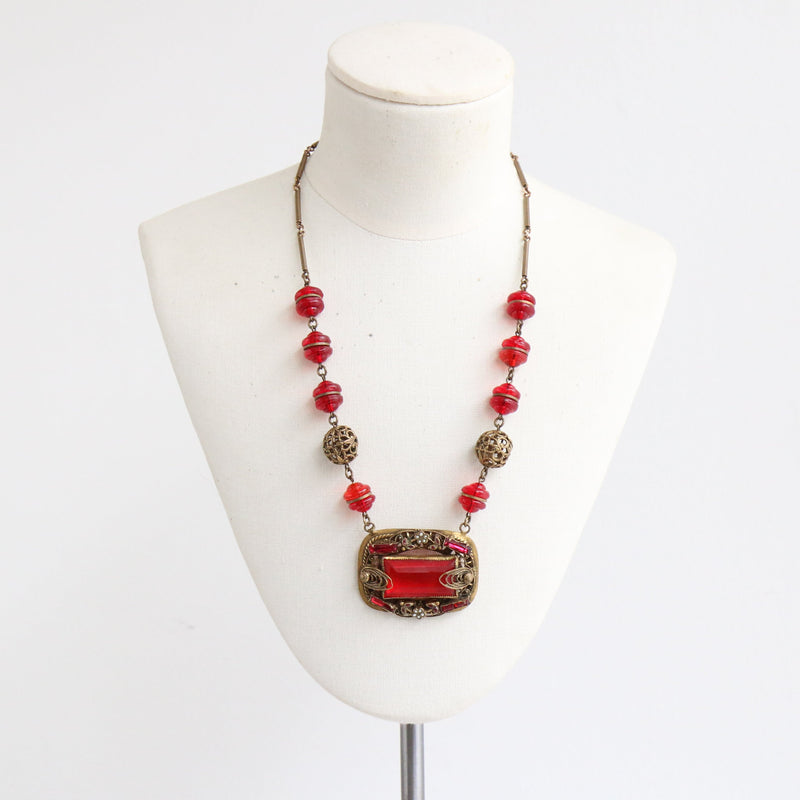 "Scarlett Glass & Filigree" Vintage 1930's Brass & Red Glass Necklace