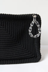 "Black Crochet & Twisted Lucite" Vintage 1940's Large Black Crochet & Lucite Accent Clutch Bag