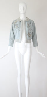 "Rhinestone Butterflies" Vintage 1950's Ice Blue Butterfly Embellished Cardigan UK 8-10 US 4-6