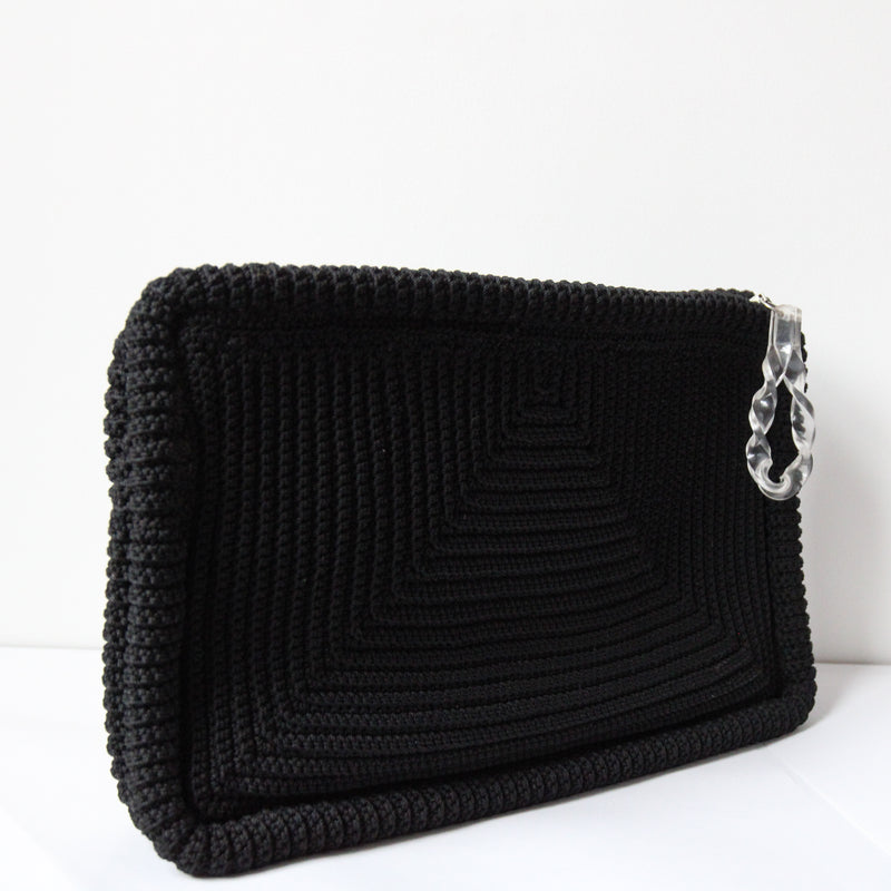 "Black Crochet & Twisted Lucite" Vintage 1940's Large Black Crochet & Lucite Accent Clutch Bag