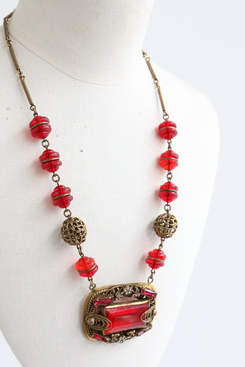 "Scarlett Glass & Filigree" Vintage 1930's Brass & Red Glass Necklace