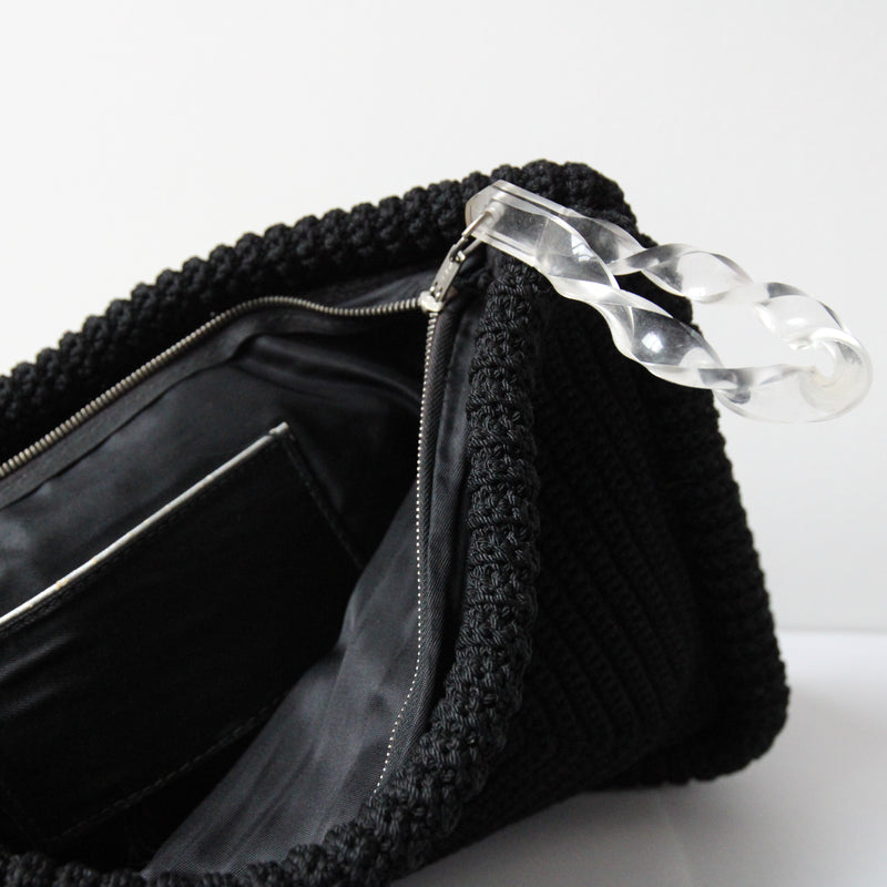 "Black Crochet & Twisted Lucite" Vintage 1940's Large Black Crochet & Lucite Accent Clutch Bag