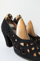 "Black Suede Cut-Outs" Vintage 1940's Black Suede Cut Out Heels UK 5 US 7 EU 38