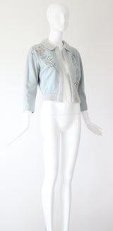 "Rhinestone Butterflies" Vintage 1950's Ice Blue Butterfly Embellished Cardigan UK 8-10 US 4-6