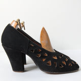 "Black Suede Cut-Outs" Vintage 1940's Black Suede Cut Out Heels UK 5 US 7 EU 38