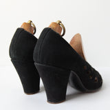 "Black Suede Cut-Outs" Vintage 1940's Black Suede Cut Out Heels UK 5 US 7 EU 38