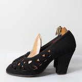 "Black Suede Cut-Outs" Vintage 1940's Black Suede Cut Out Heels UK 5 US 7 EU 38