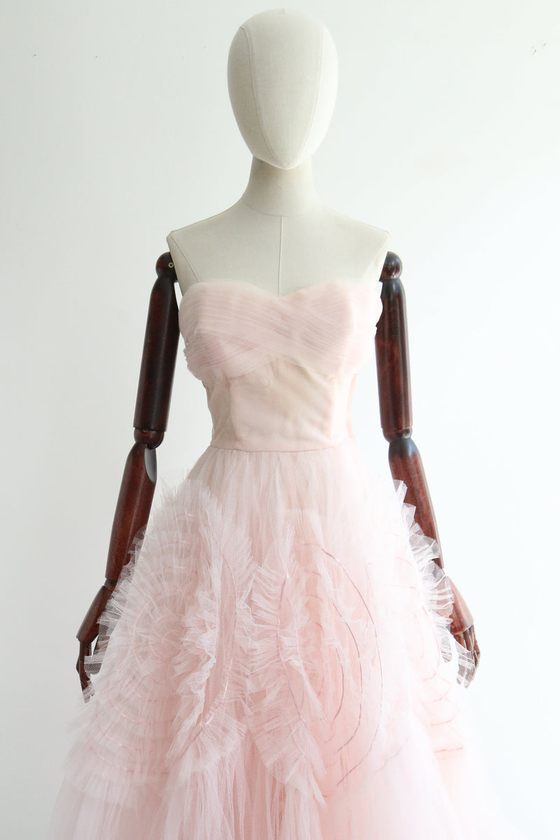 "Swirling Satin & Tulle" Vintage 1950's Pink Swirling Satin & Tulle Dress UK 6 US 2