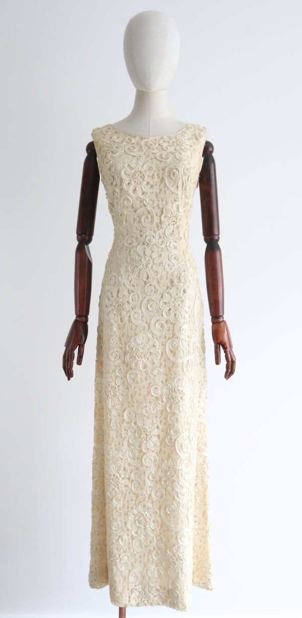 "Floral Lace & Pearls" Vintage 1960's Cream Lace Embroidered Dress UK 12 US 8