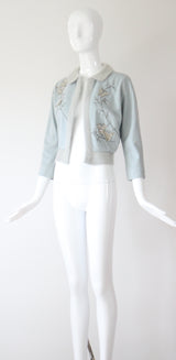 "Rhinestone Butterflies" Vintage 1950's Ice Blue Butterfly Embellished Cardigan UK 8-10 US 4-6