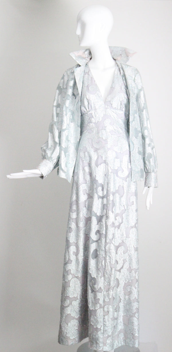 "Dove Blue & Silver Lurex" Vintage 1970's Silver Lurex Evening Gown & Jacket Set UK 12 US 8