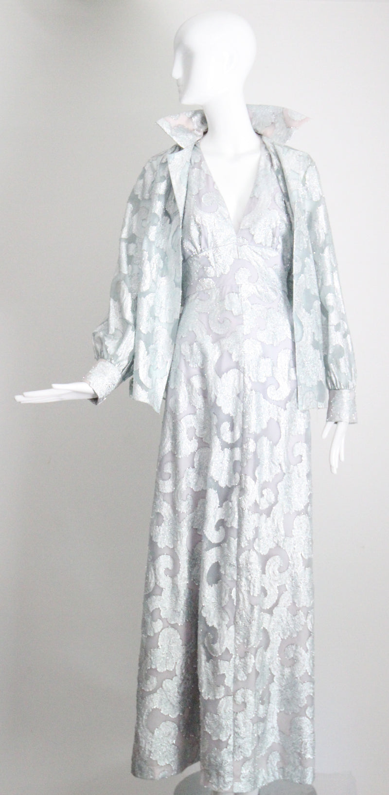 "Dove Blue & Silver Lurex" Vintage 1970's Silver Lurex Evening Gown & Jacket Set UK 12 US 8
