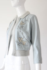 "Rhinestone Butterflies" Vintage 1950's Ice Blue Butterfly Embellished Cardigan UK 8-10 US 4-6