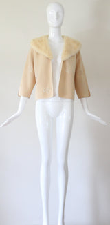 "Embroidered Golden Leaves" Vintage 1950's Cream Wool Embroidered Cardigan US 6-8 UK 10-12