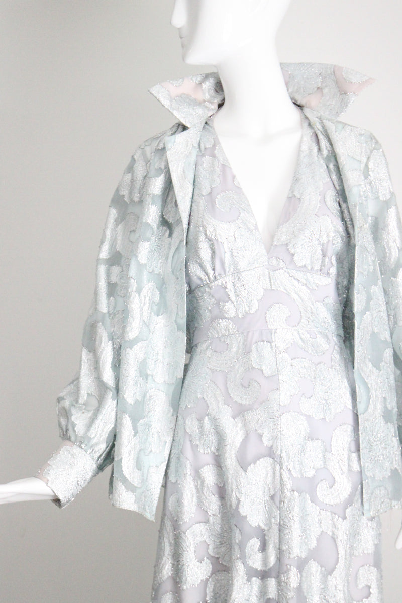 "Dove Blue & Silver Lurex" Vintage 1970's Silver Lurex Evening Gown & Jacket Set UK 12 US 8