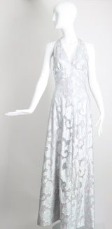 "Dove Blue & Silver Lurex" Vintage 1970's Silver Lurex Evening Gown & Jacket Set UK 12 US 8