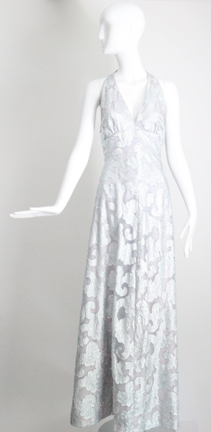 "Dove Blue & Silver Lurex" Vintage 1970's Silver Lurex Evening Gown & Jacket Set UK 12 US 8