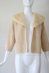 "Embroidered Golden Leaves" Vintage 1950's Cream Wool Embroidered Cardigan US 6-8 UK 10-12