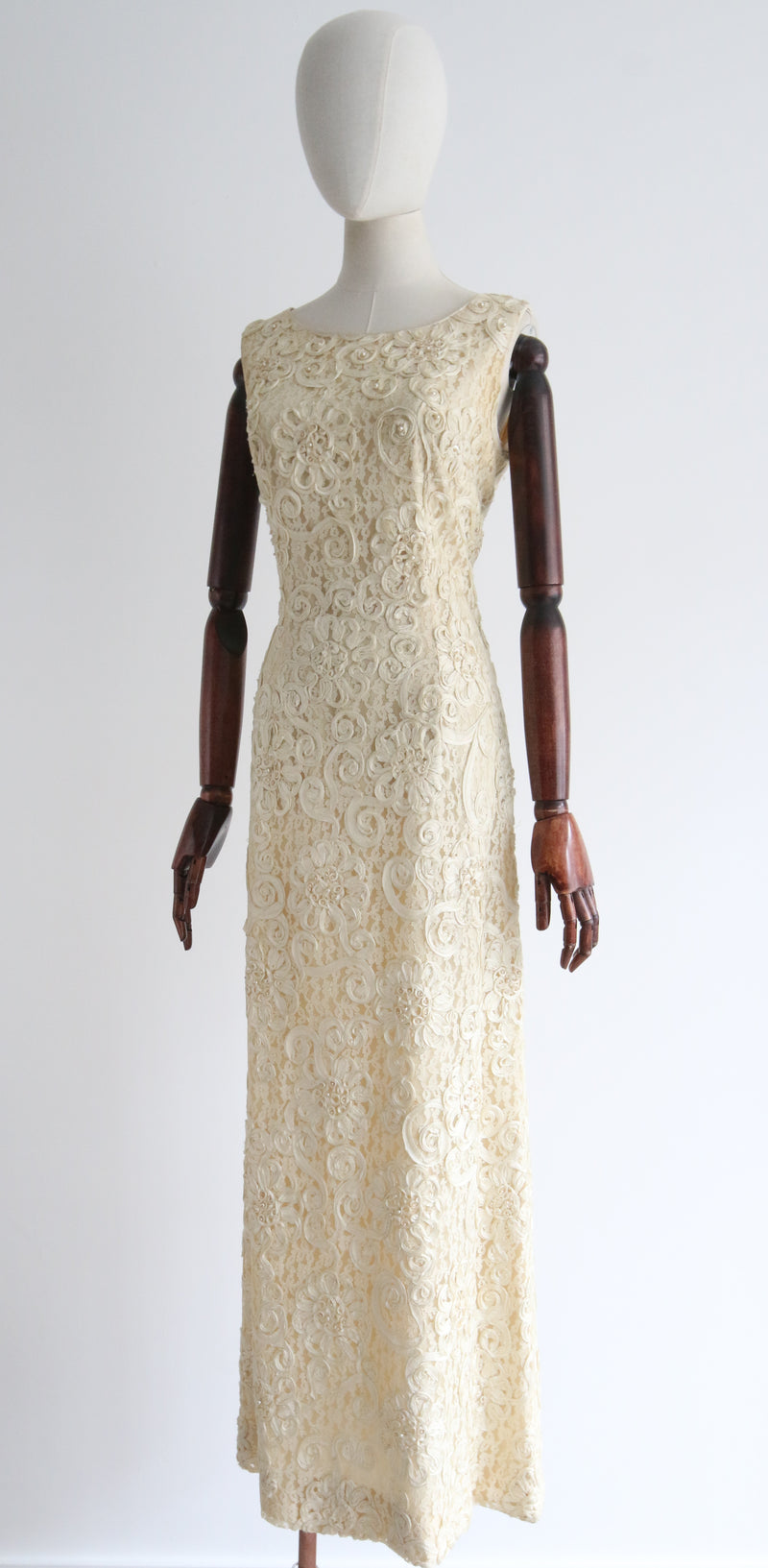 "Floral Lace & Pearls" Vintage 1960's Cream Lace Embroidered Dress UK 12 US 8